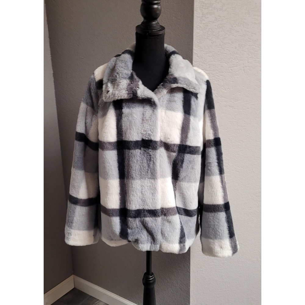 Colleen Lopez Bell-Sleeve Faux Fur Jacket Gray Black White Plaid Coat Women's L